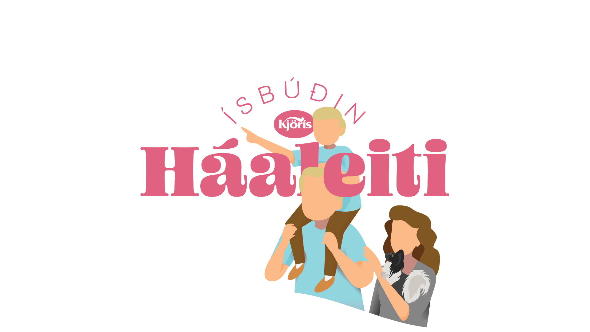 Lógó ísbúðarinnar í háaleiti. Bleikur texti á hvítum bakgrunni, það stendur. Ísbúðin kjörís háaleiti. á myndinni má sjá teiknaðar manneskjur, mann, konu og barn.