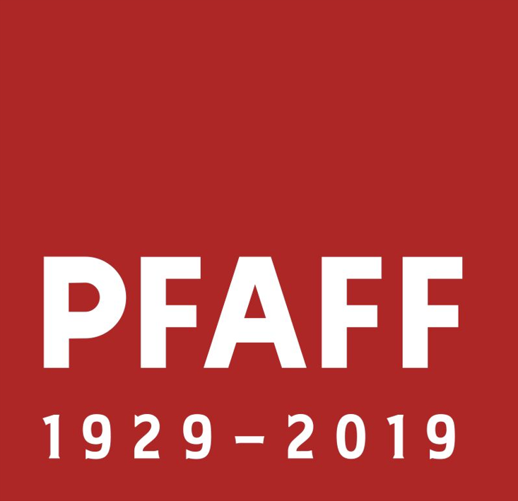 Lógó hjá PFAFF. Á texta stendur PFAFF 1929-2019. Texti er hvítur og bakgrunnur rauður.