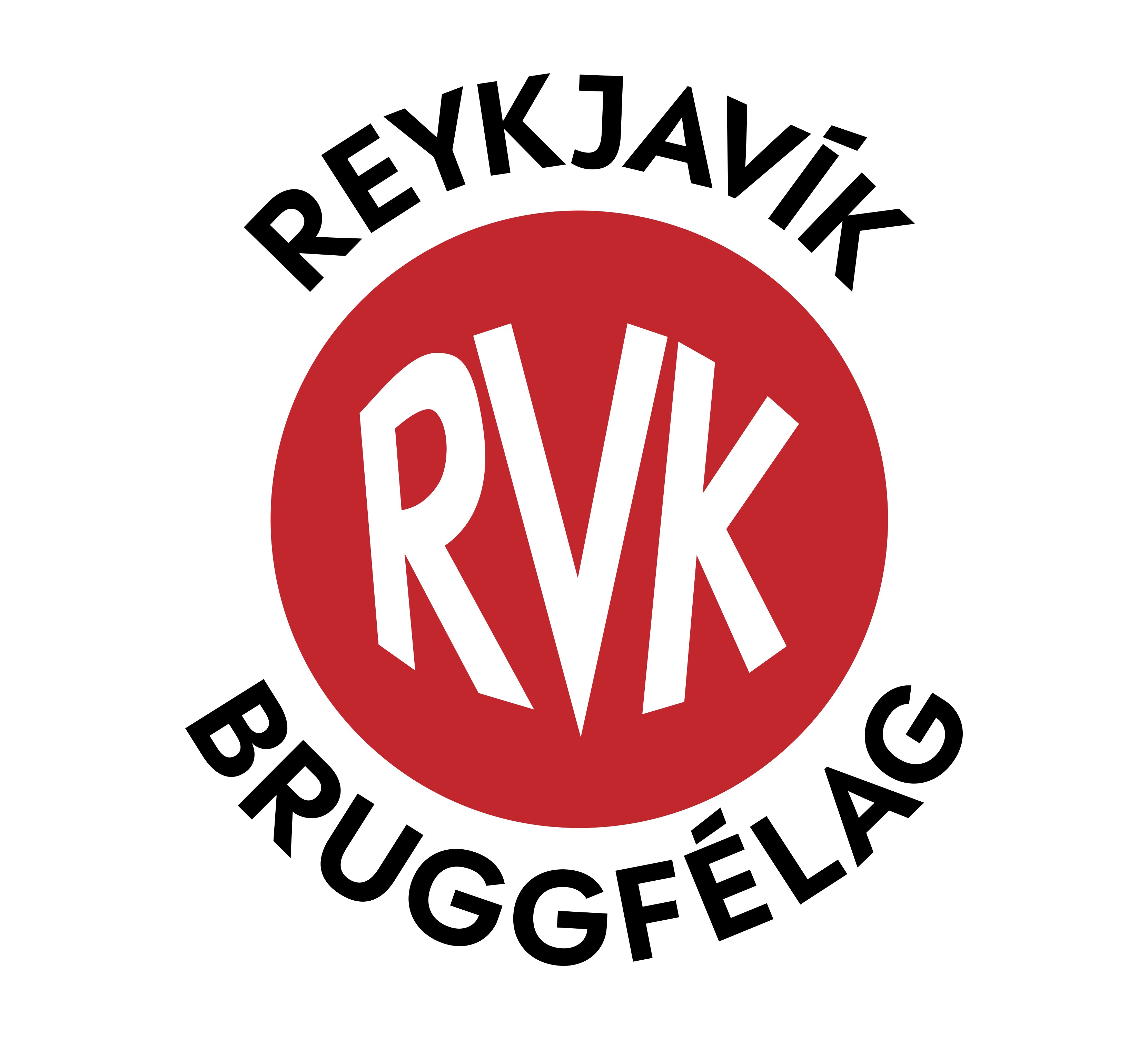 Lógó Reykjavík bruggstofa Tónabíó, svartur texti á hvítum bakgrunni, það stendur. Reykjavík, RVK Bruggfélag.