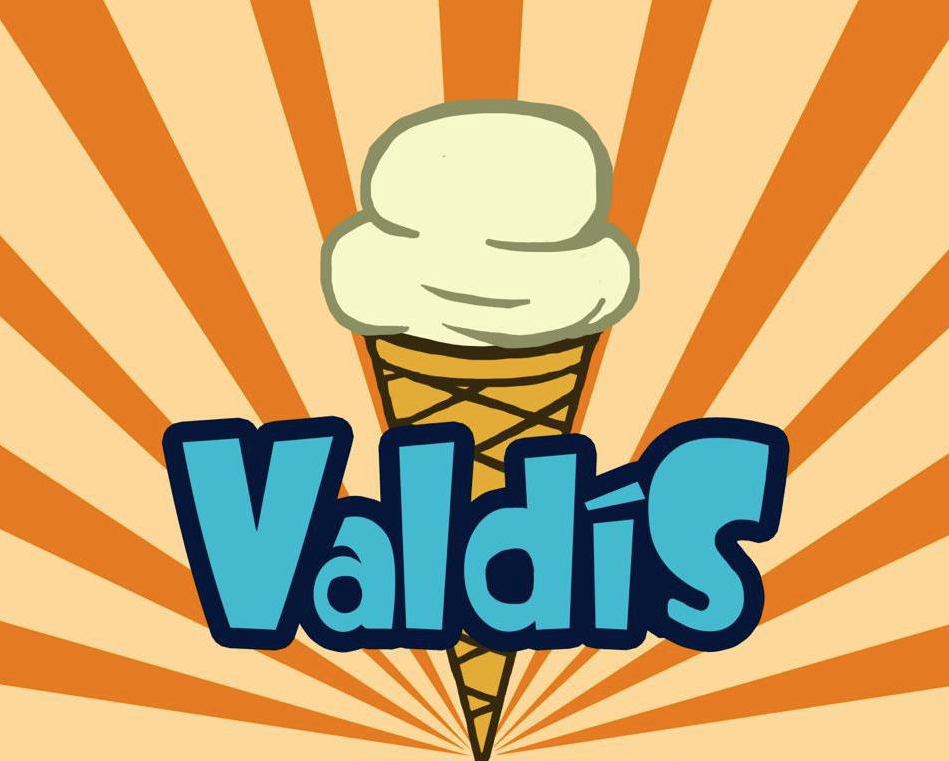 Lógó Valdísar, blár texti á appelsínugulum, röndóttum bakgrunni. Það stendur Valdís. Í bakgrunn má sjá teiknaða mynd af Ís.