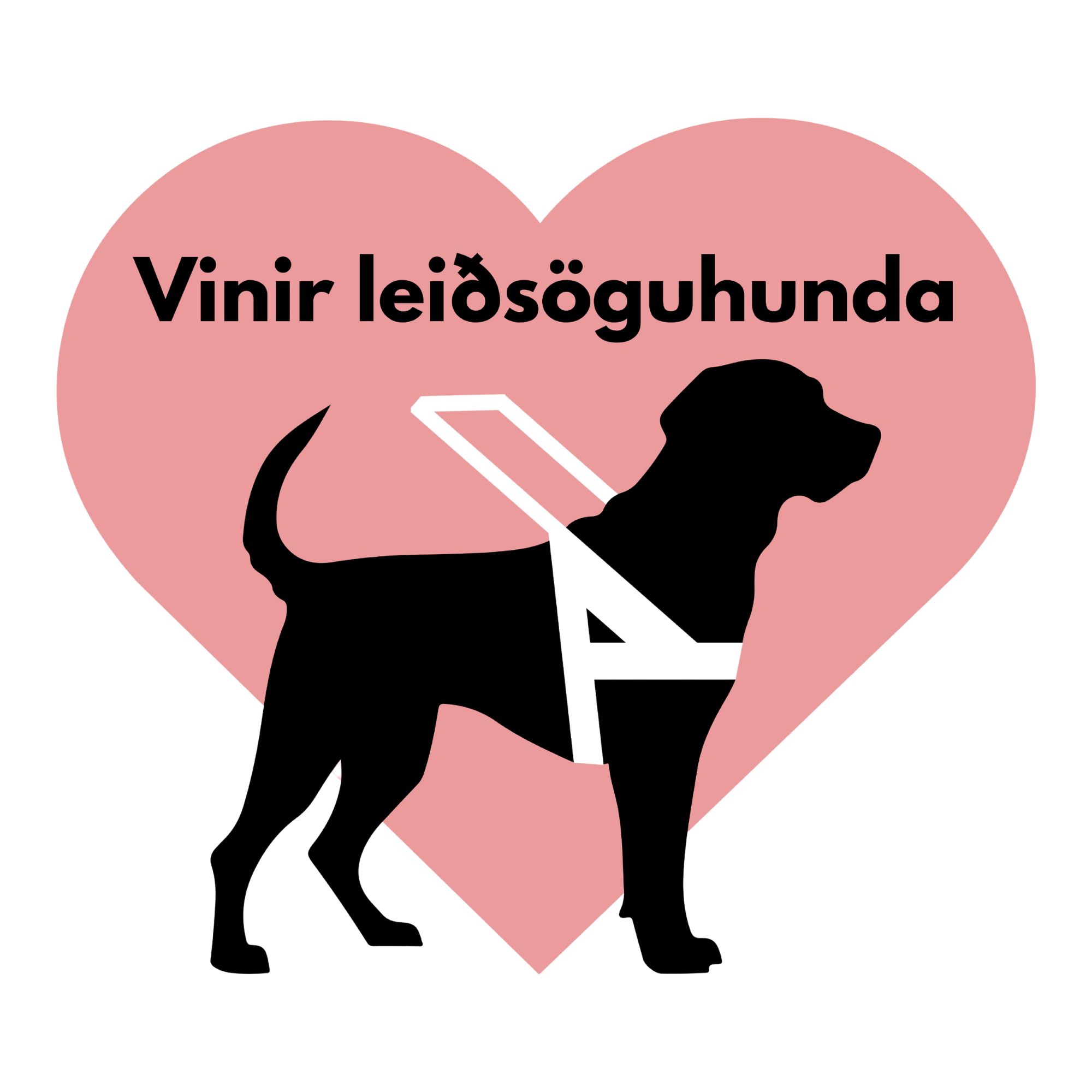 Teiknuð mynd af svörtum leiðsöguhundi með hvítt beisli. Fyrir ofan hundinn stendur Vinir leiðsöguhunda og í bakgrunn má sjá stórt bleikt hjarta.