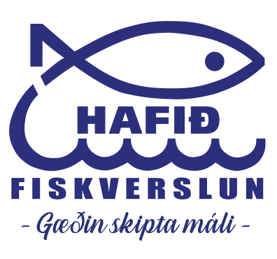 Teiknuð mynd af fisk, blár texti á hvítum bakgrunni. Það stendur Hafið fiskverslun, gæðin skipta máli